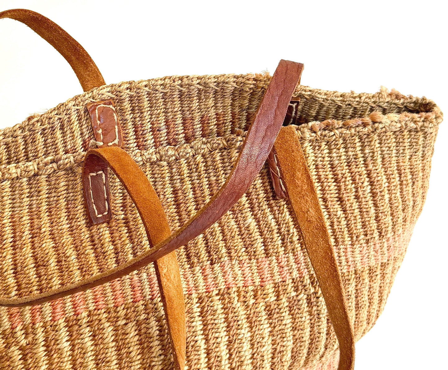 Vintage Woven Sisal Bag Neutral Market Tote Leather Straps
