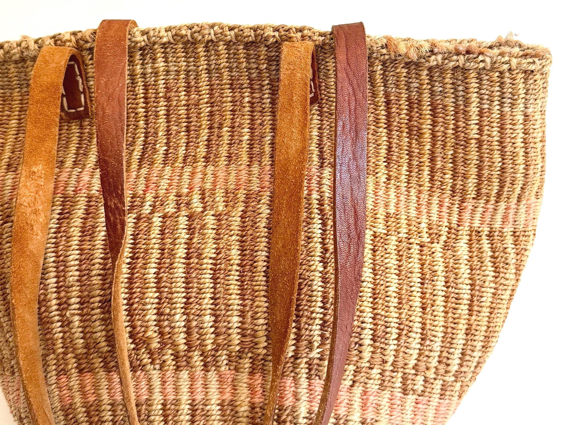 Vintage Woven Sisal Bag Neutral Market Tote Leather Straps