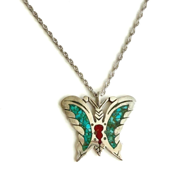 Zuni Turquoise Butterfly Pendant Necklace Signed Native American Sterling Silver