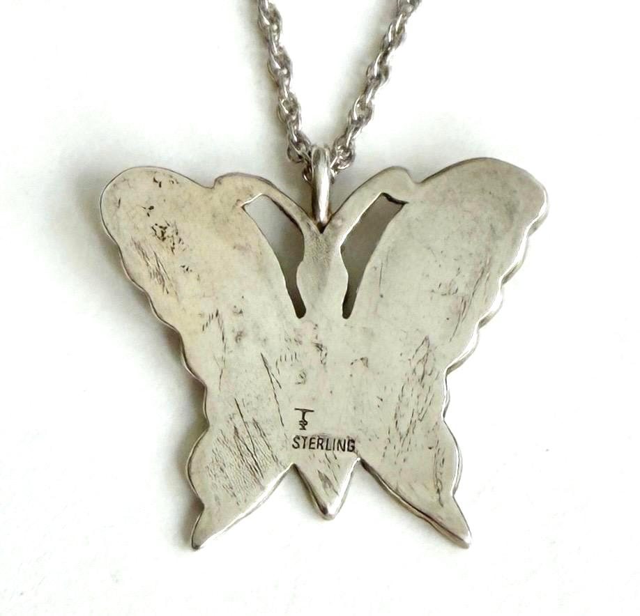Zuni Turquoise Butterfly Pendant Necklace Signed Native American Sterling Silver