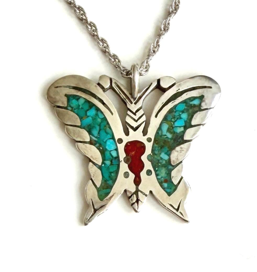 Zuni Turquoise Butterfly Pendant Necklace Signed Native American Sterling Silver