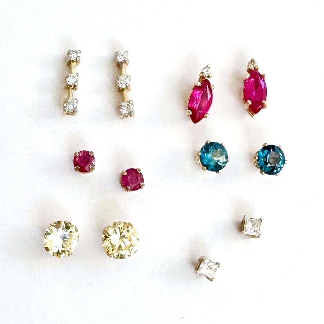 Vintage Solid Gold Stud Earrings Minimalist Ruby Pale Yellow Gemstone Studs