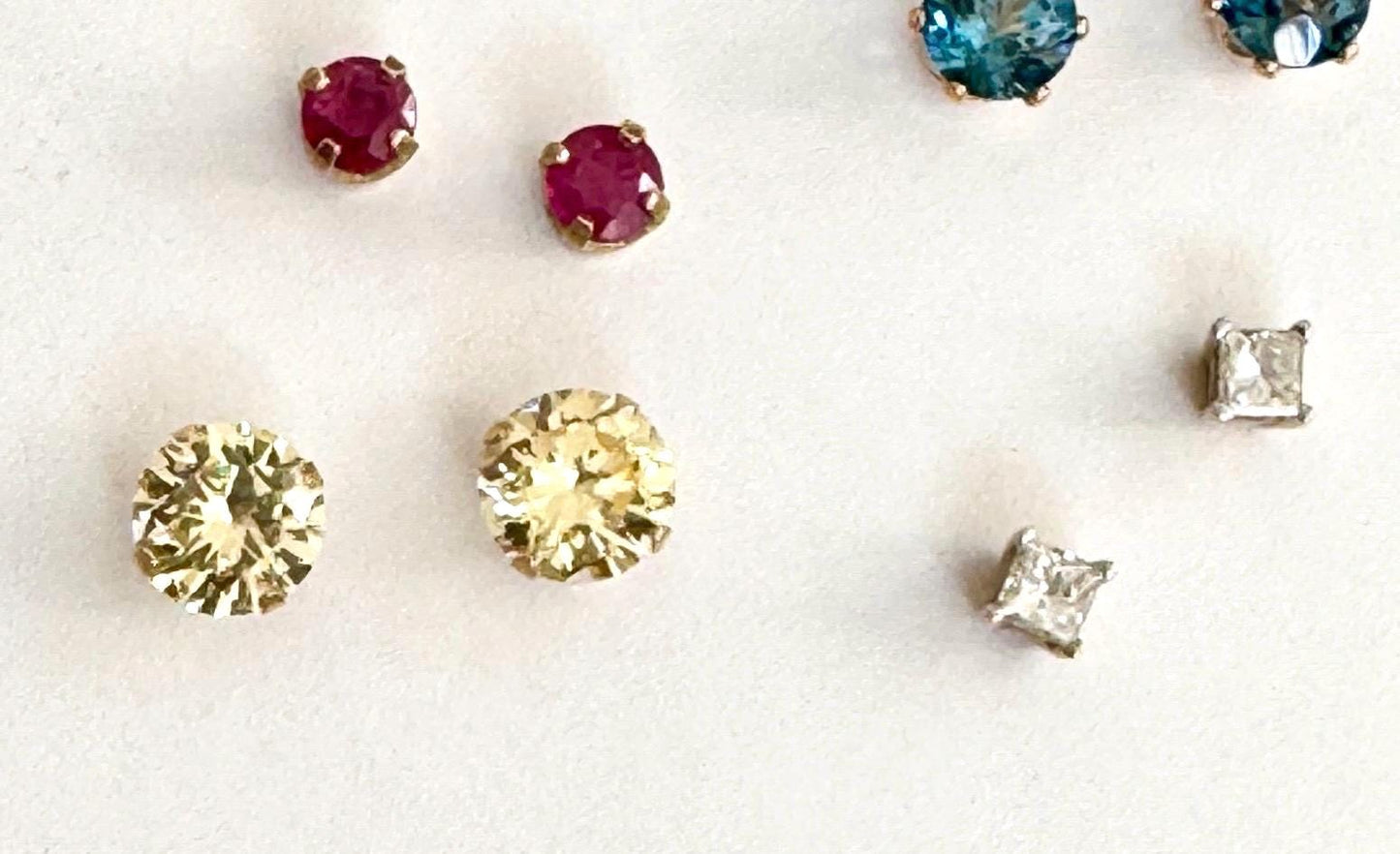 Vintage Solid Gold Stud Earrings Minimalist Ruby Pale Yellow Gemstone Studs