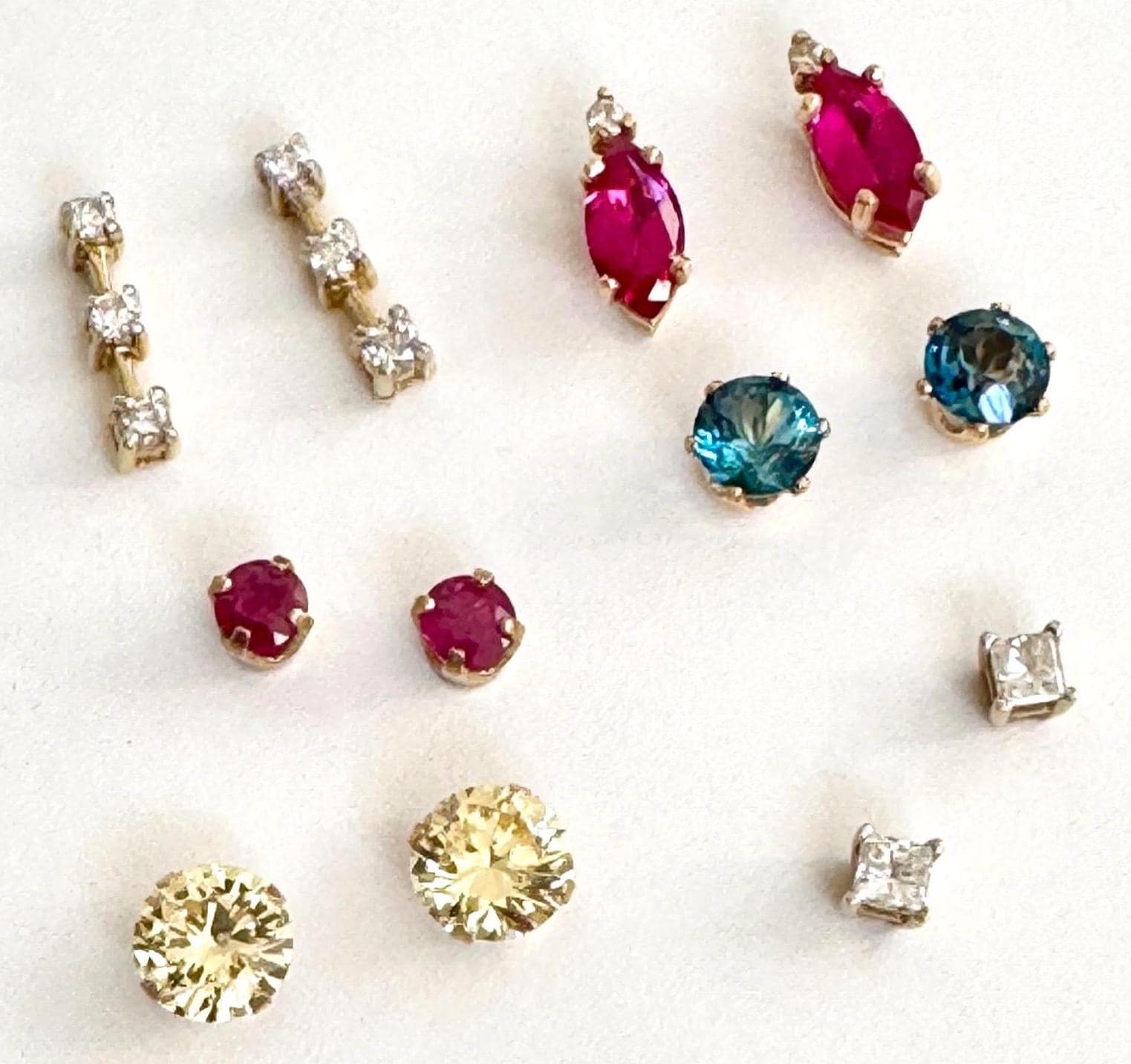 Vintage Solid Gold Stud Earrings Minimalist Ruby Pale Yellow Gemstone Studs