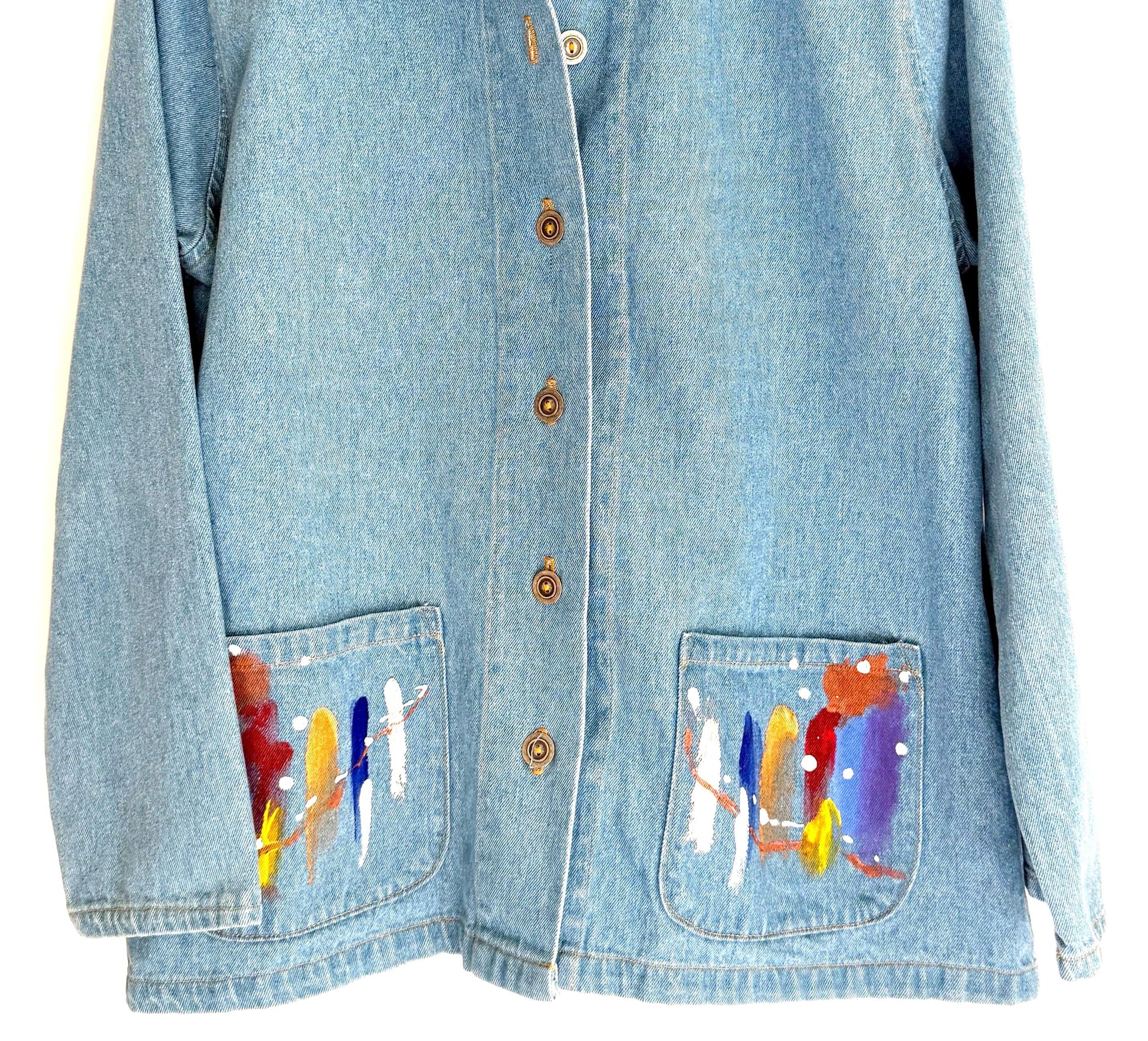 Vintage Denim Chore Jacket Southwest Hand Painted Abstract Feathers
