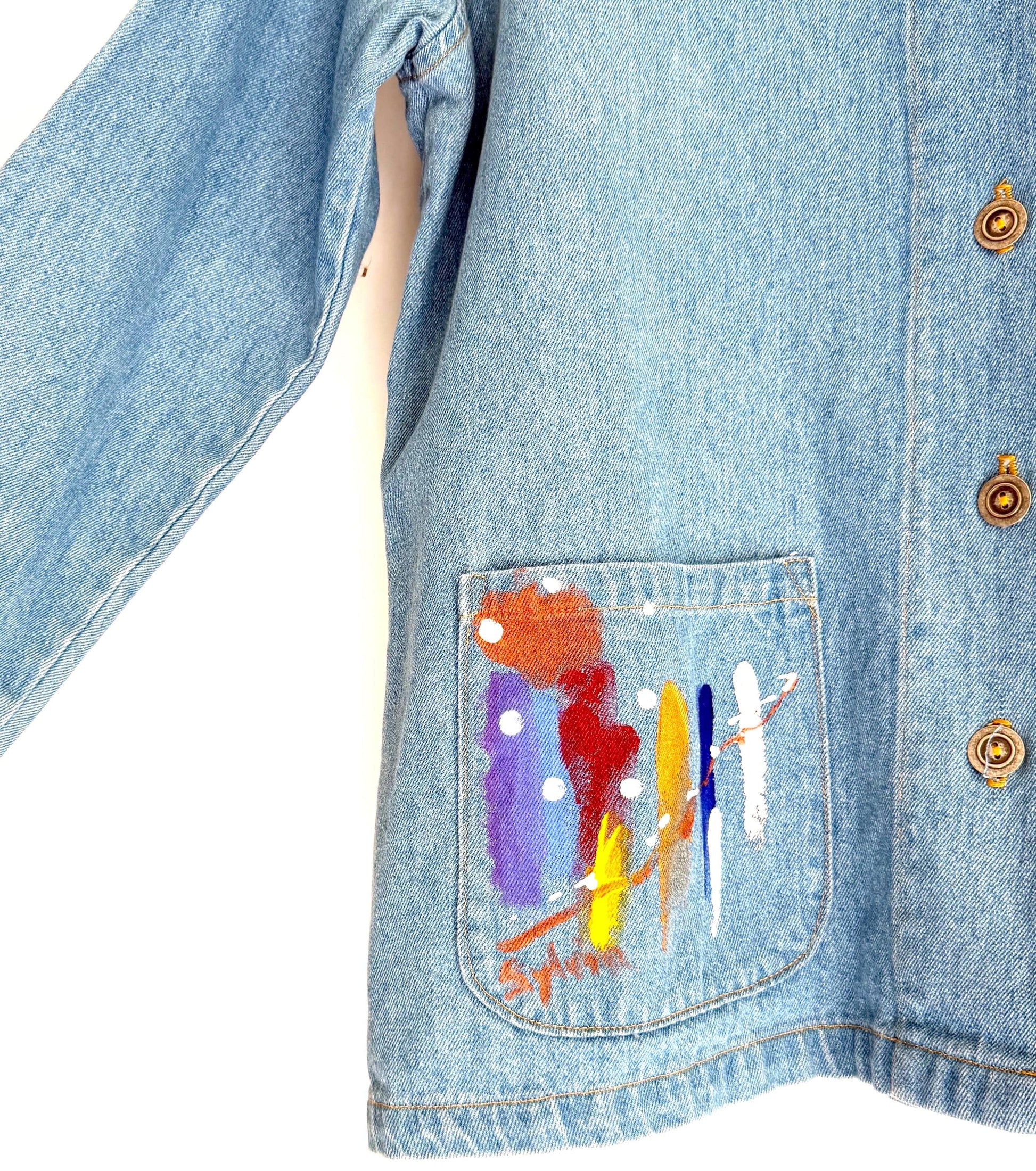 Vintage Denim Chore Jacket Southwest Hand Painted Abstract Feathers