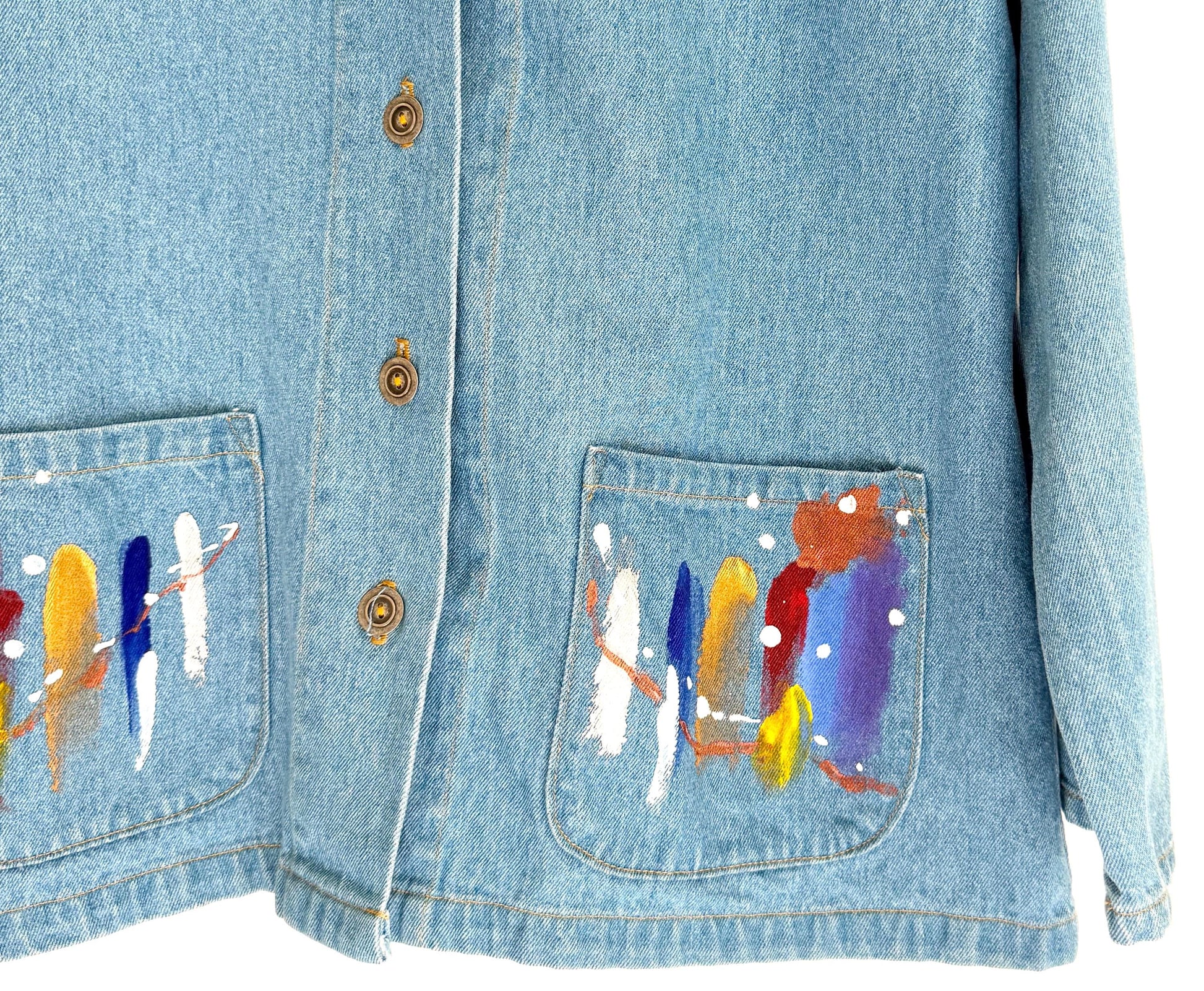 Vintage Denim Chore Jacket Southwest Hand Painted Abstract Feathers