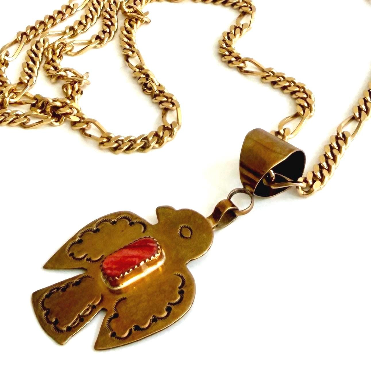 Vintage Navajo Thunderbird Necklace Signed Brass Pendant