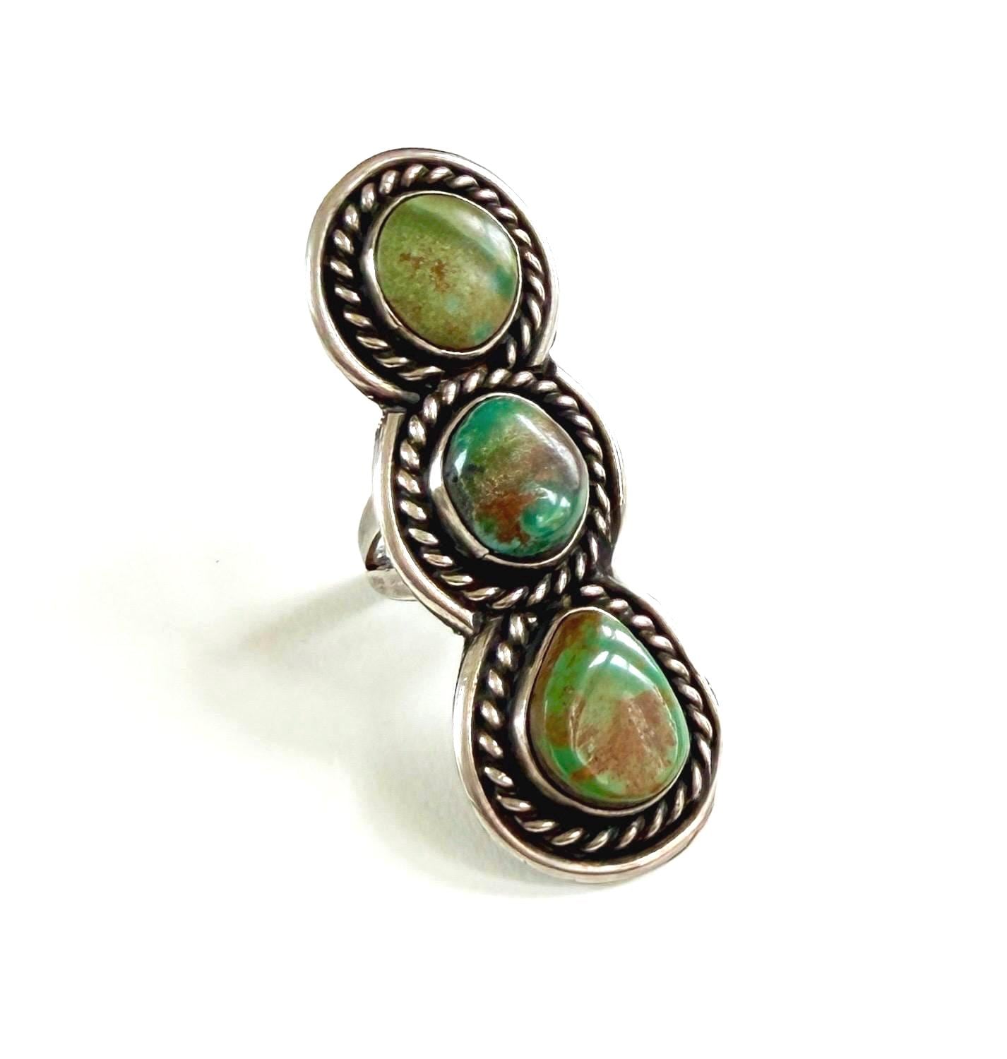 Vintage Long 2.25" Navajo Green Turquoise Ring Size 7