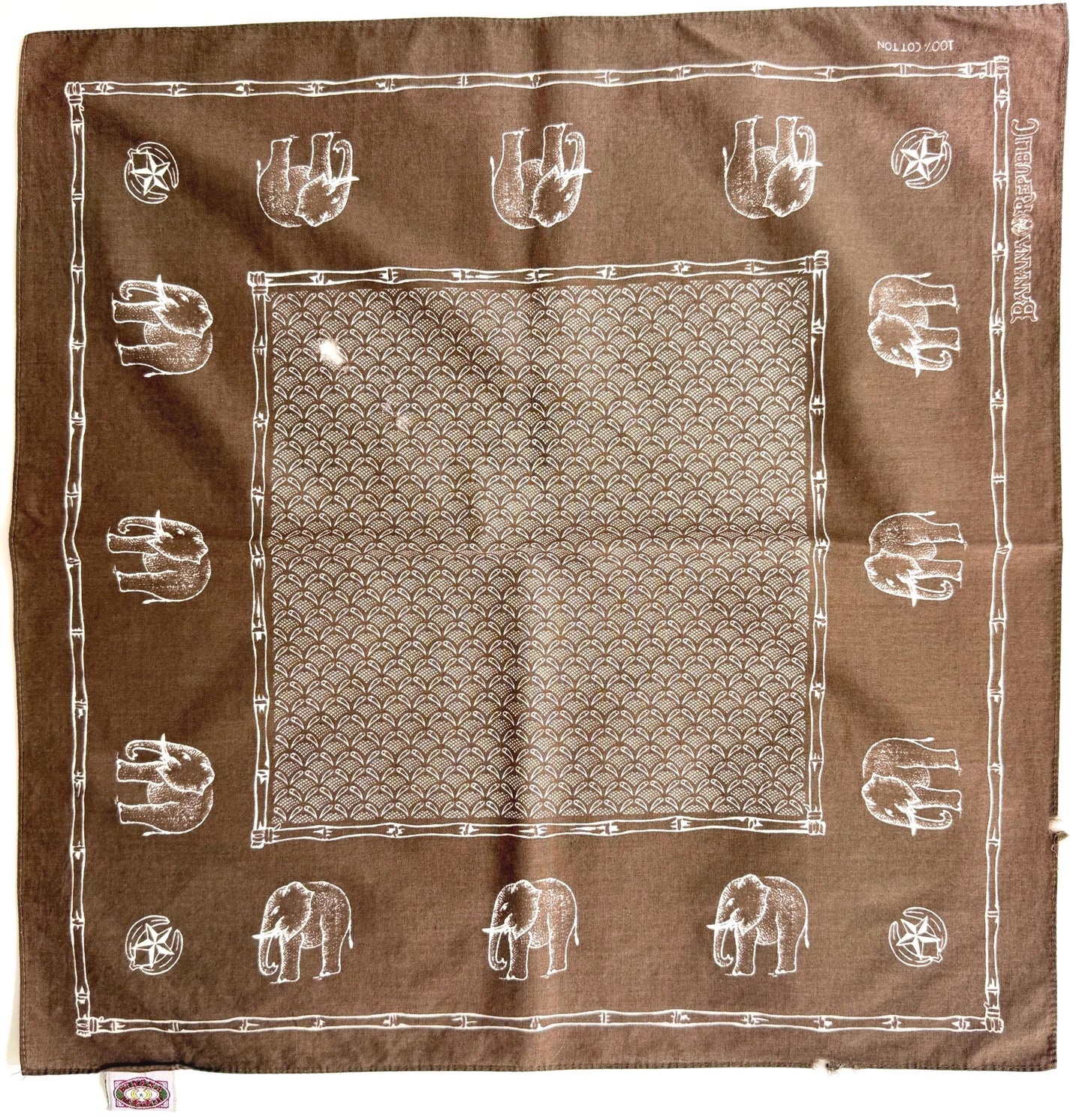 Rare Vintage 80s Banana Republic Travel & Safari Bandana Olive Khaki Elephant Print Cotton