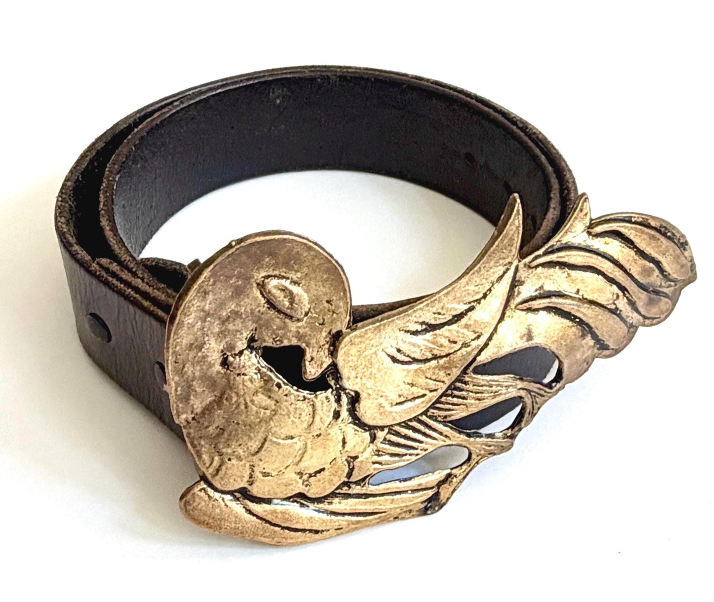 Vintage Bird Belt Heavy Cast Brass Buckle Black Leather Strap