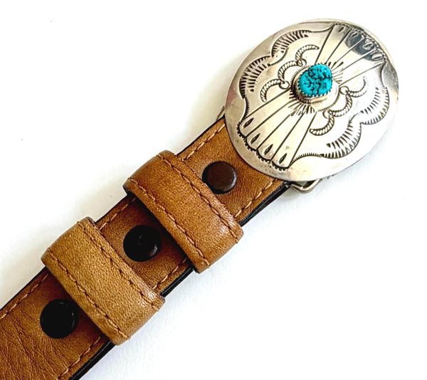Vintage Sterling Silver Turquoise Buckle Tan Brown Leather Belt Strap