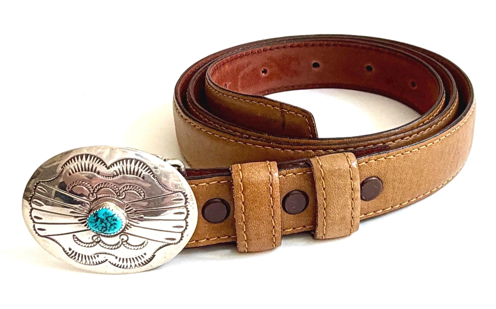 Vintage Sterling Silver Turquoise Buckle Tan Brown Leather Belt Strap