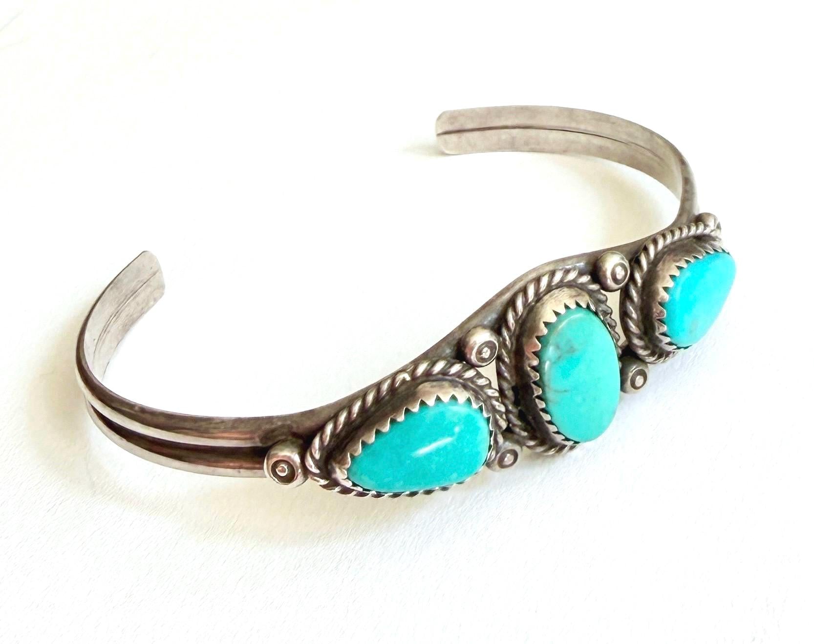 Vintage Navajo Turquoise Cuff Bracelet 60s 70s Native American Handcrafted Sterling Silver