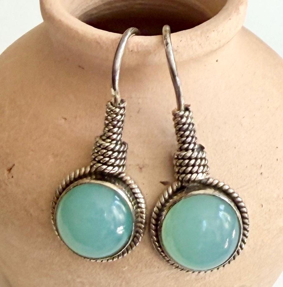 Vintage Green Chalcedony Drop Earrings Twisted Sterling Silver Rope Accent