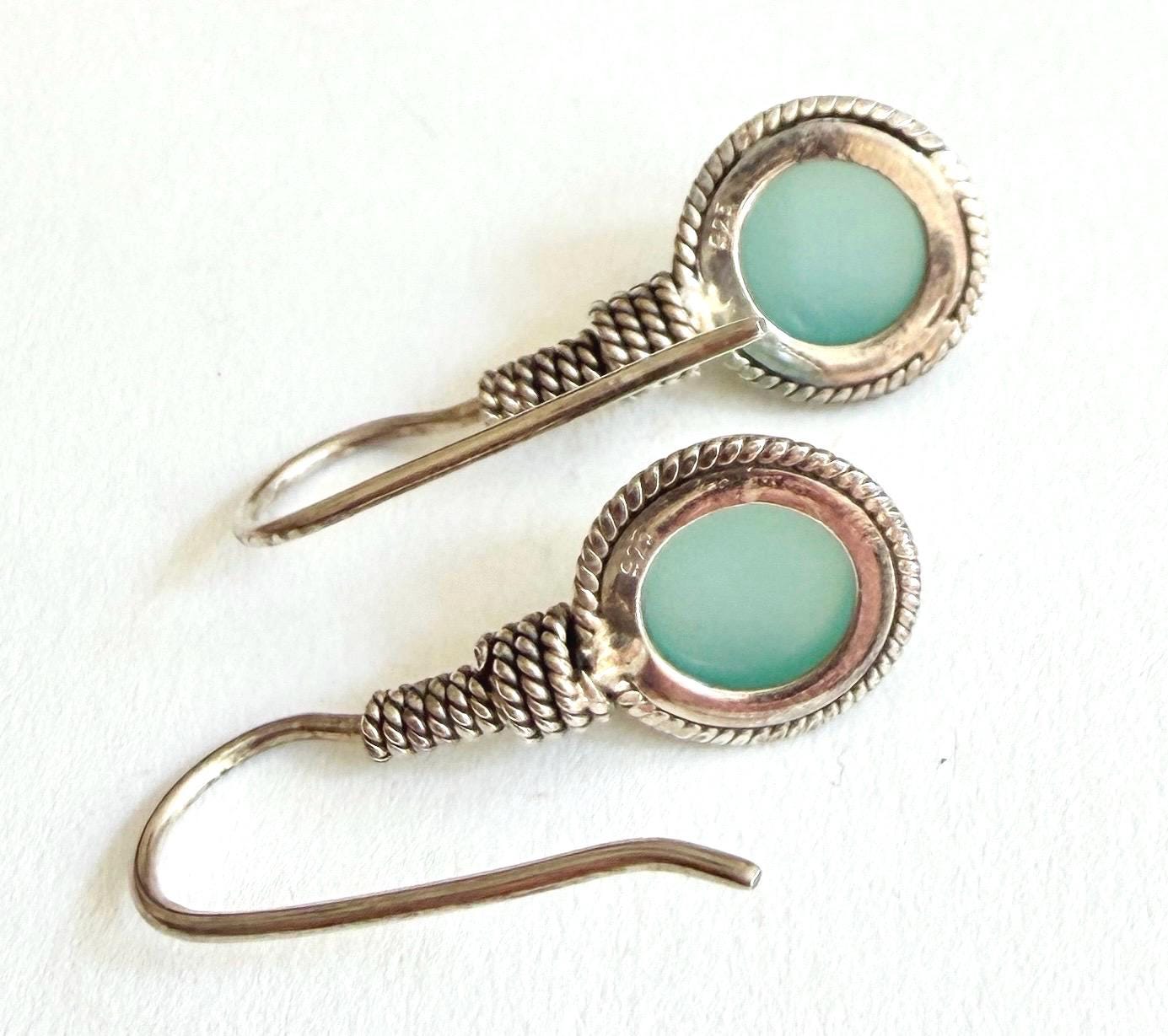 Vintage Green Chalcedony Drop Earrings Twisted Sterling Silver Rope Accent