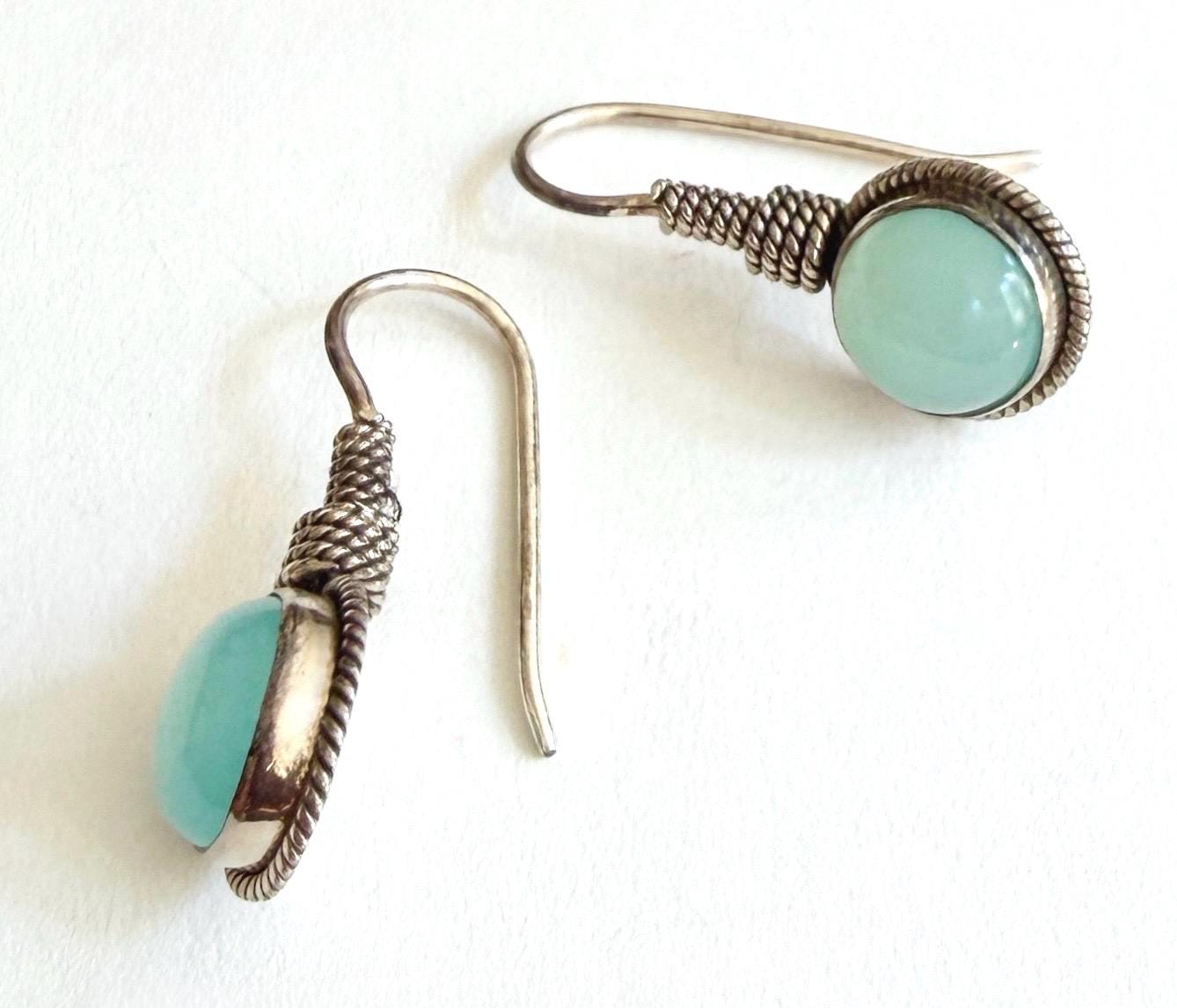 Vintage Green Chalcedony Drop Earrings Twisted Sterling Silver Rope Accent