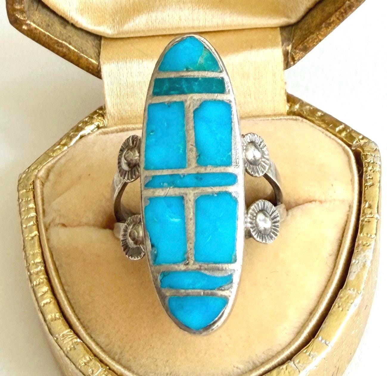 Vintage Zuni Turquoise Inlay Ring Native American Handcrafted Size 6.75