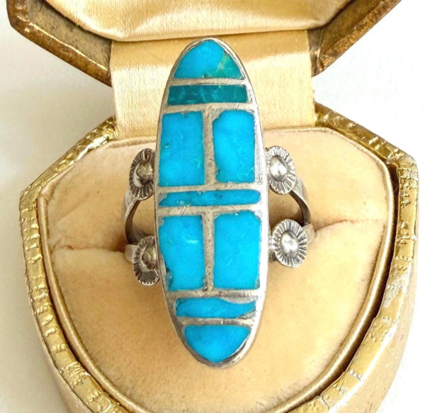 Vintage Zuni Turquoise Inlay Ring Native American Handcrafted Size 6.75
