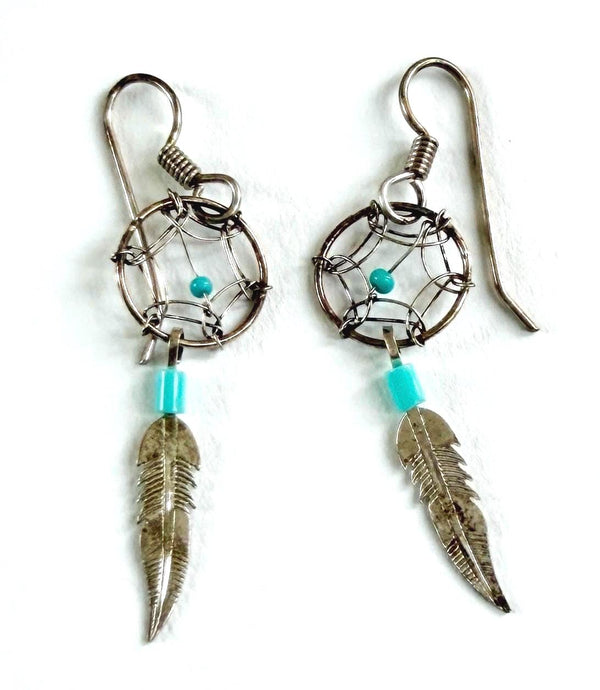 Vintage Native American Dreamcatcher Earrings Sterling Silver Turquoise Feather Dangles
