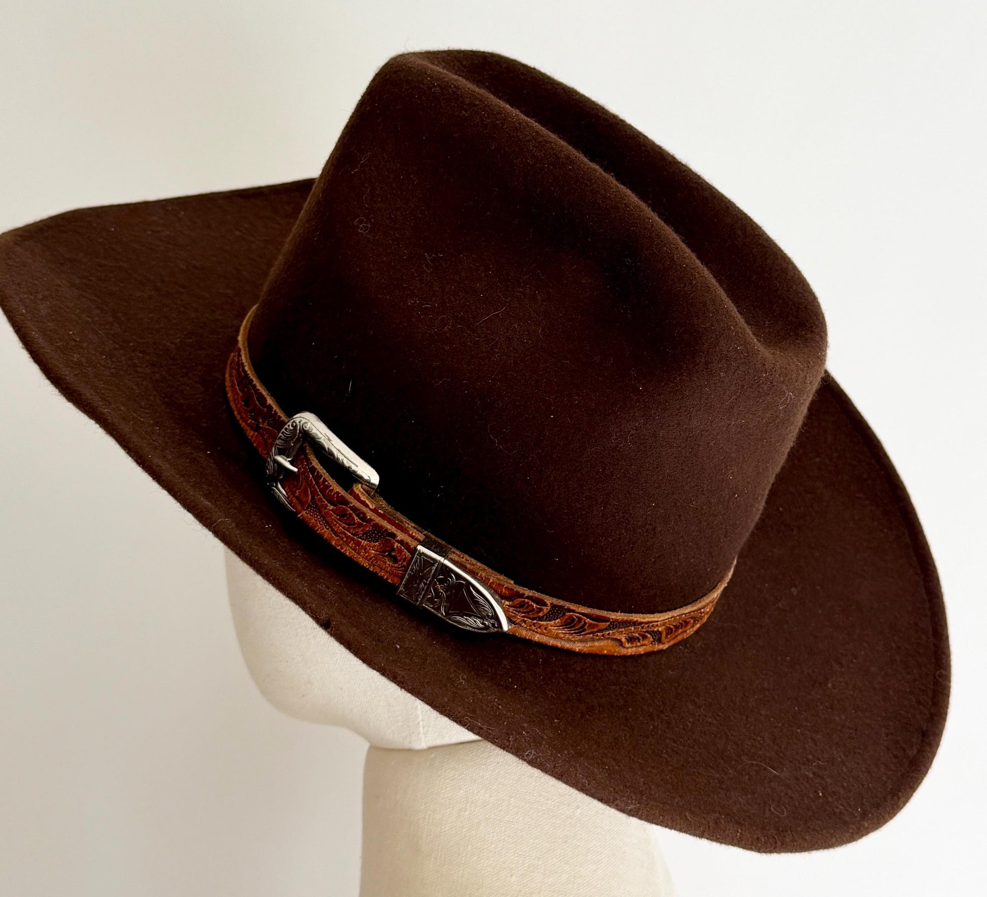 Vintage Rockmount Cowboy Hat Brown Wool Felt Tooled Leather Band
