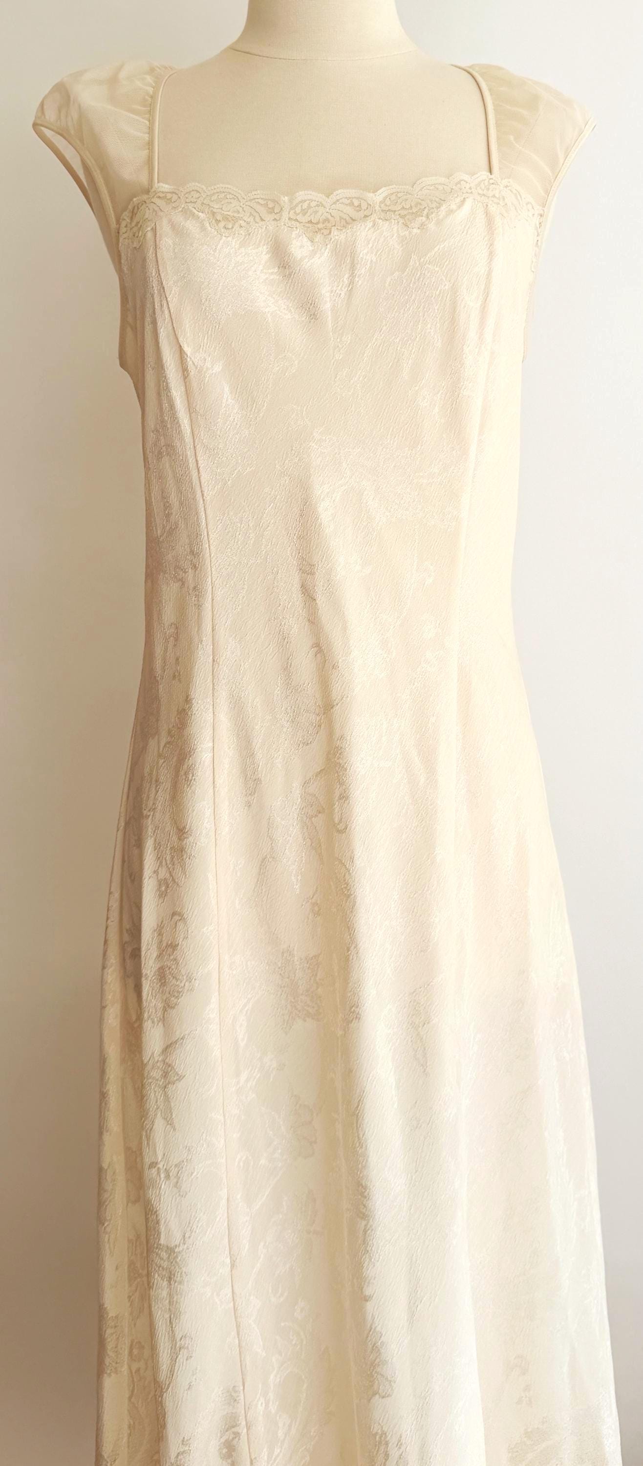 Vintage 90s Victorias Secret Nightie Ivory Slip Dress with Lace Trim