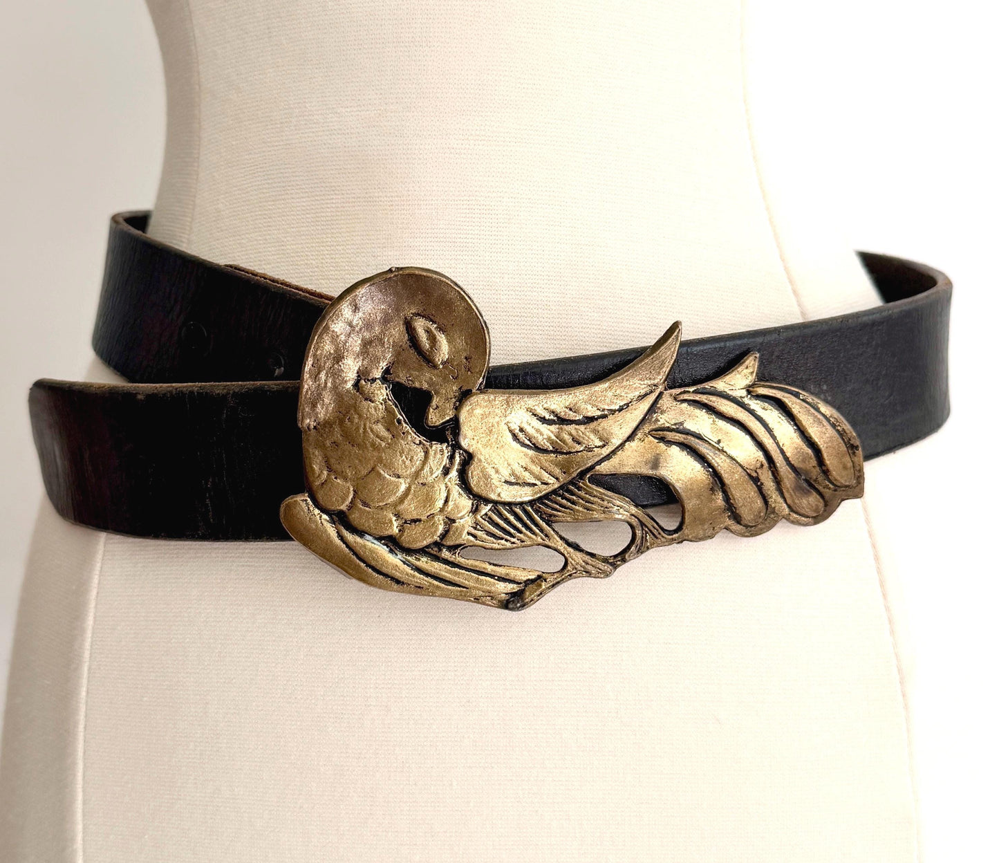 Vintage Bird Belt Heavy Cast Brass Buckle Black Leather Strap