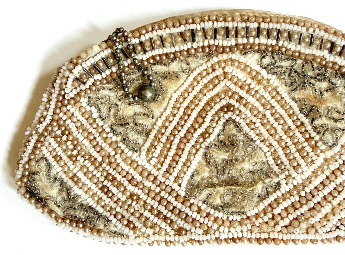 Antique Beaded Purse Faux Pearl Ivory Clear Beads