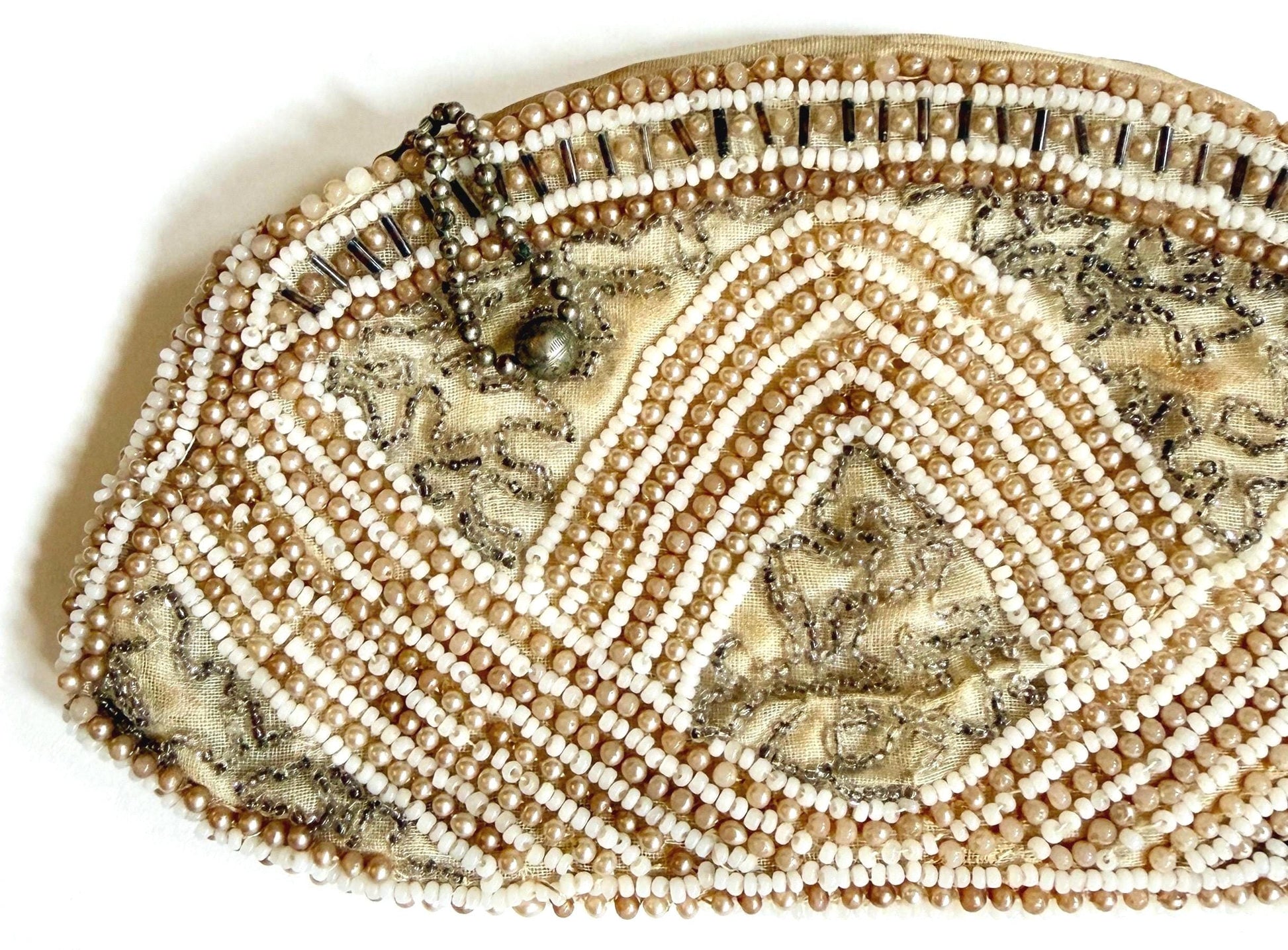 Antique Beaded Purse Faux Pearl Ivory Clear Beads