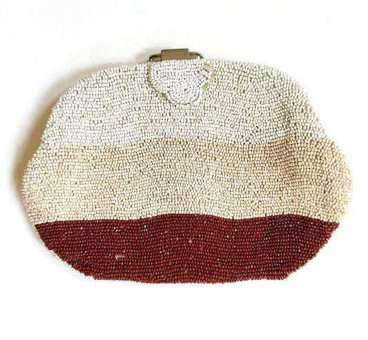 Vintage French Glass Bead Clutch Purse Bag Ivory Pearl Rust Stripe