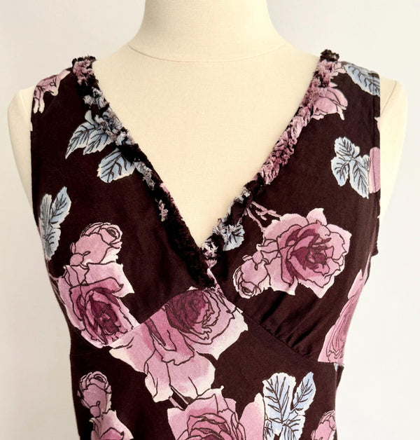 Vintage 90s Floral Sleeveless Dress Rose Print Linen