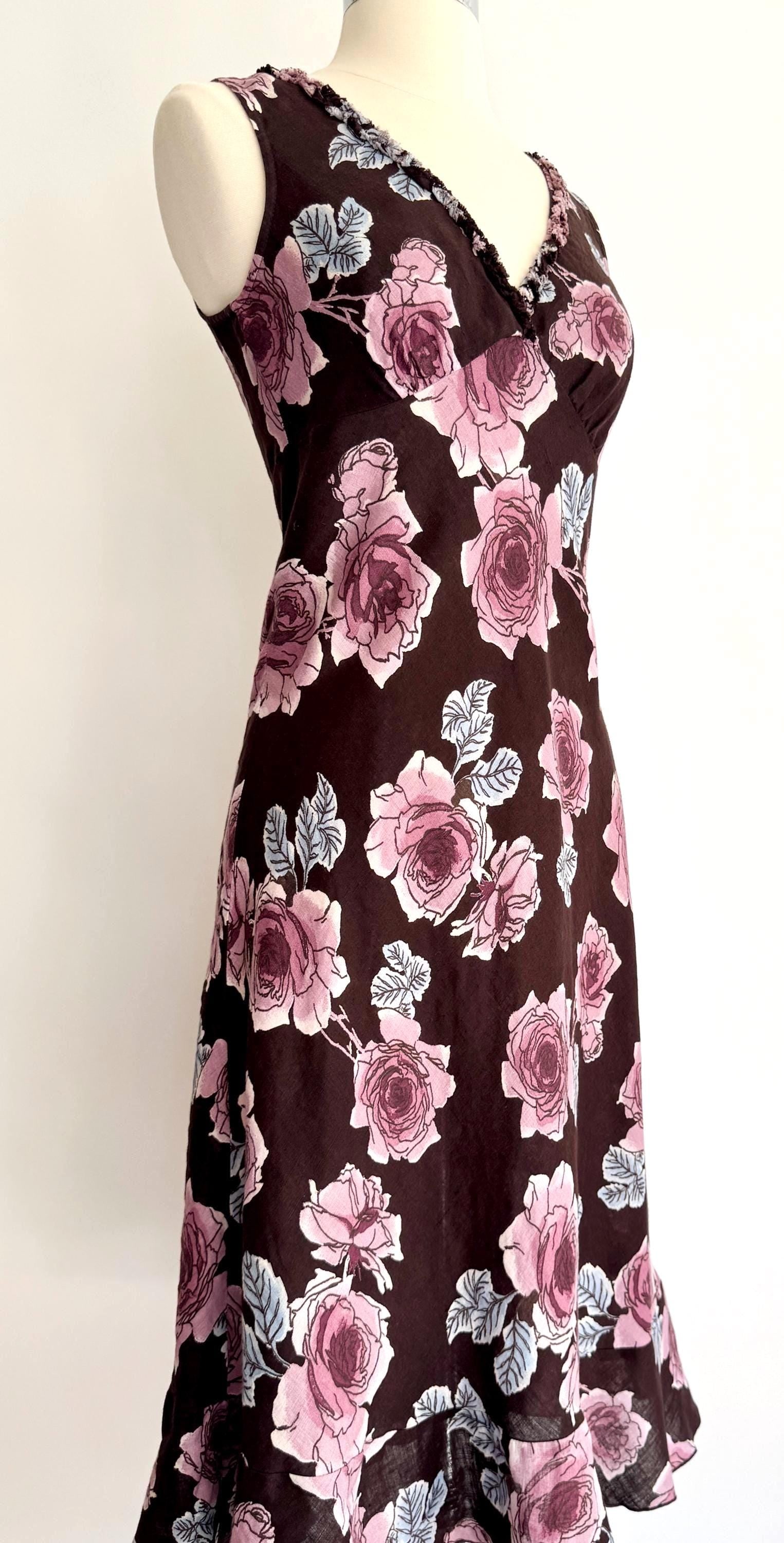 Vintage 90s Floral Sleeveless Dress Rose Print Linen