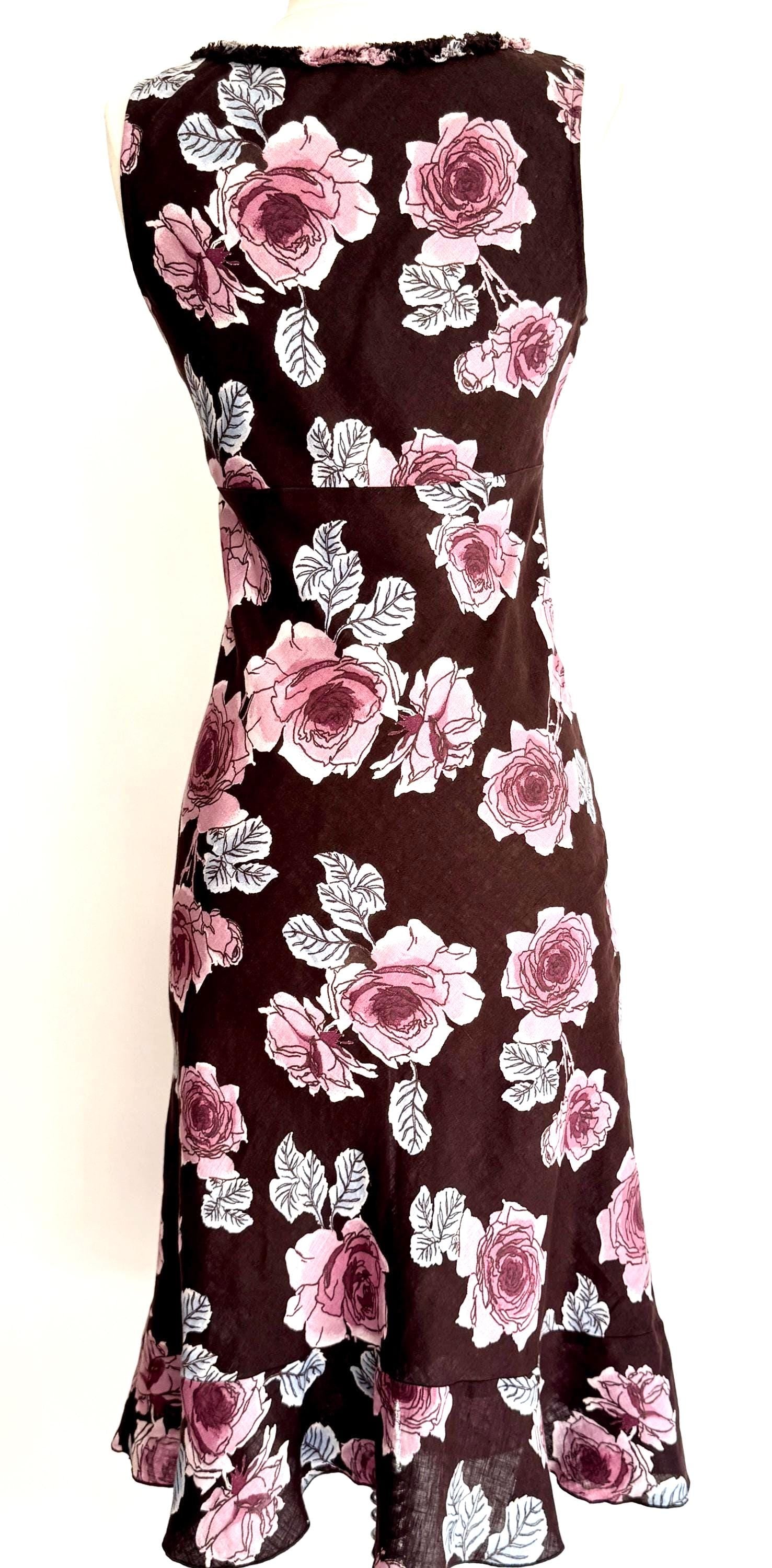 Vintage 90s Floral Sleeveless Dress Rose Print Linen