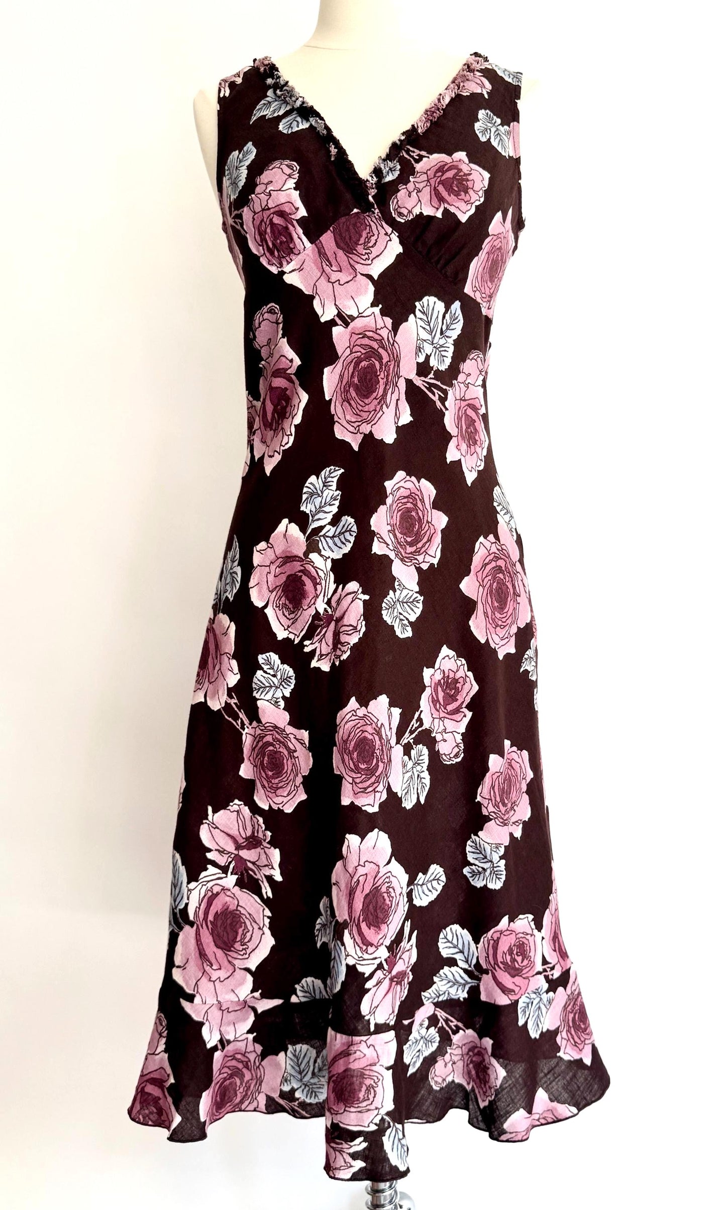 Vintage 90s Floral Sleeveless Dress Rose Print Linen