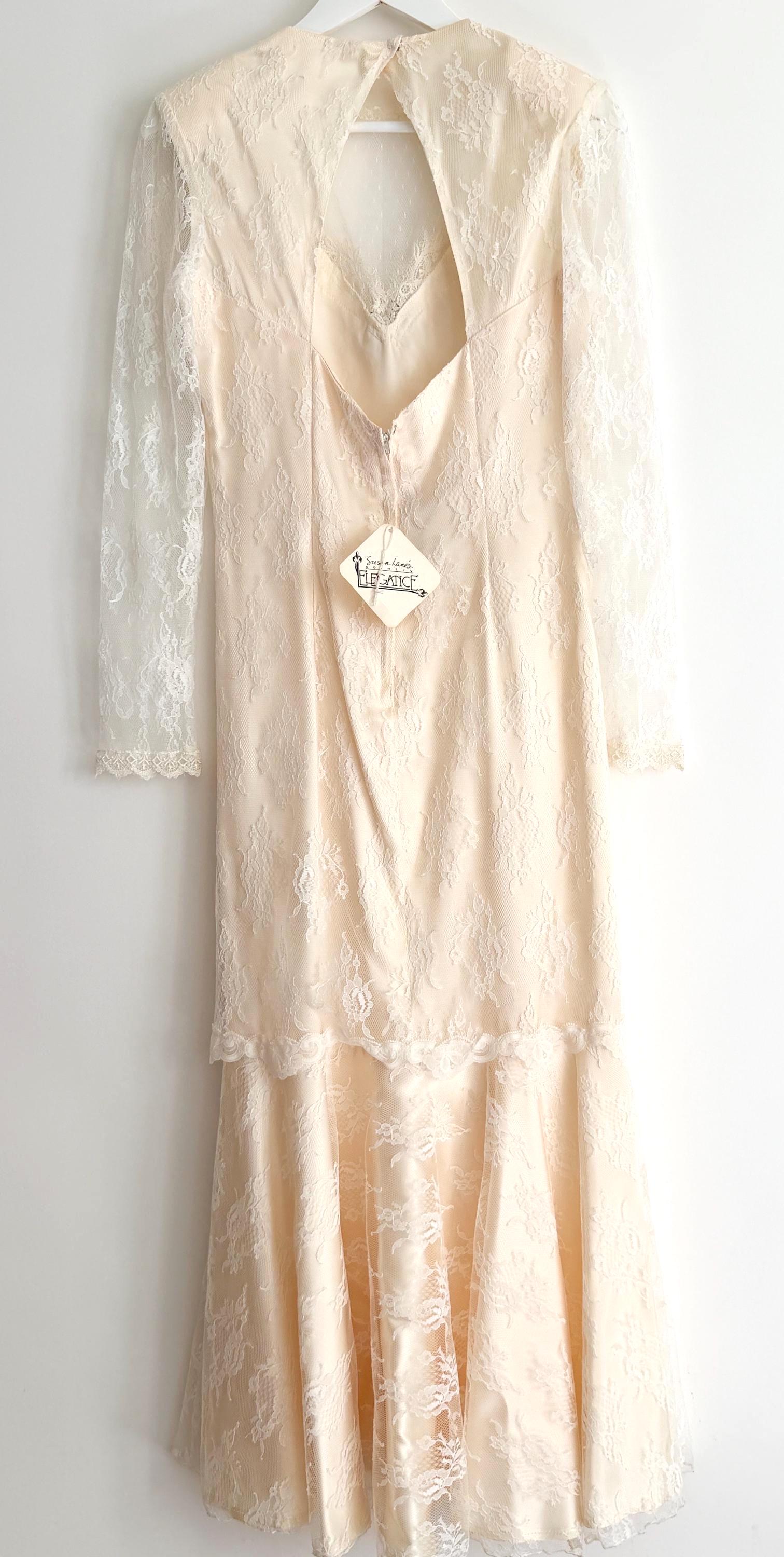 Vintage Lace Wedding Dress 70's 80's Susan Lane's Country Elegance Long Sleeve with Keyhole Back