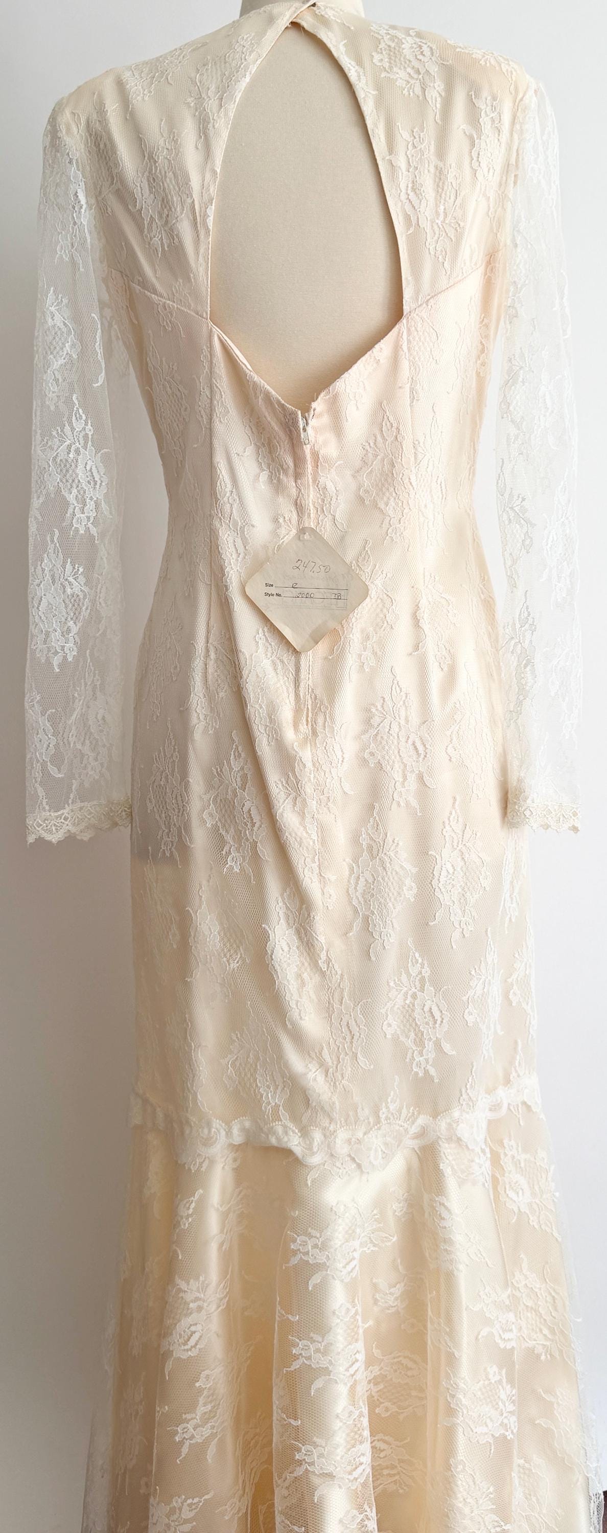 Vintage Lace Wedding Dress 70's 80's Susan Lane's Country Elegance Long Sleeve with Keyhole Back