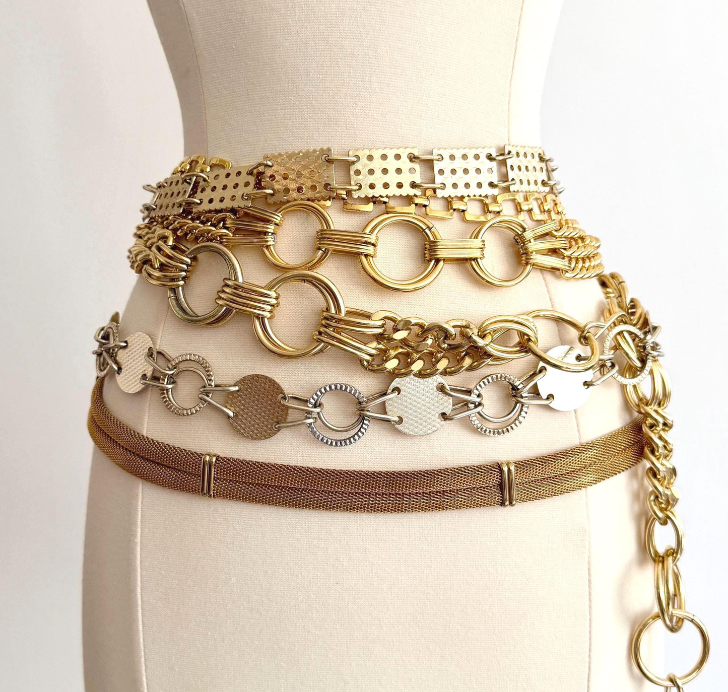 Vintage Gold Chain Belt 70s 80s Rectangle Square Circle Metal Mesh Link