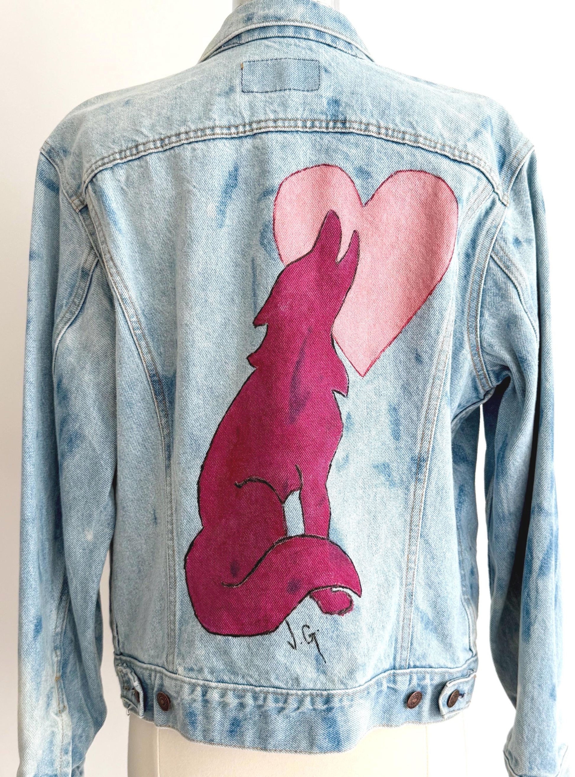 Vintage 80s Levis Denim Jacket Bleached Hand Painted Southwest Howling Coyote Made in USA