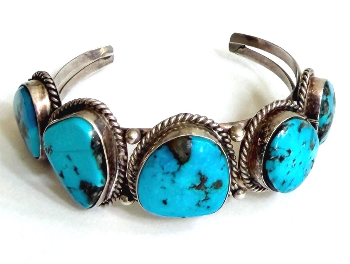 Vintage Navajo Five Stone Turquoise Cuff Bracelet 60s 70s Native American Sterling Silver