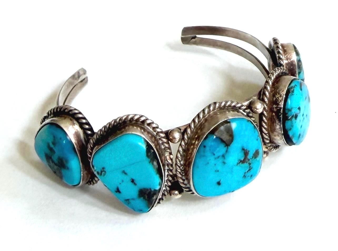 Vintage Navajo Five Stone Turquoise Cuff Bracelet 60s 70s Native American Sterling Silver