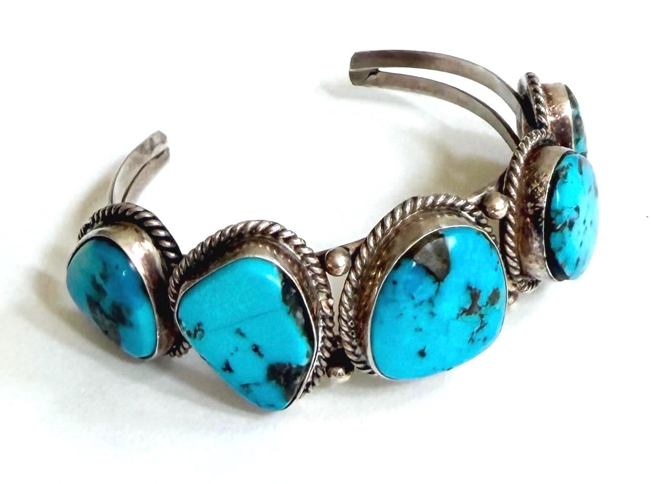 Vintage Navajo Five Stone Turquoise Cuff Bracelet 60s 70s Native American Sterling Silver
