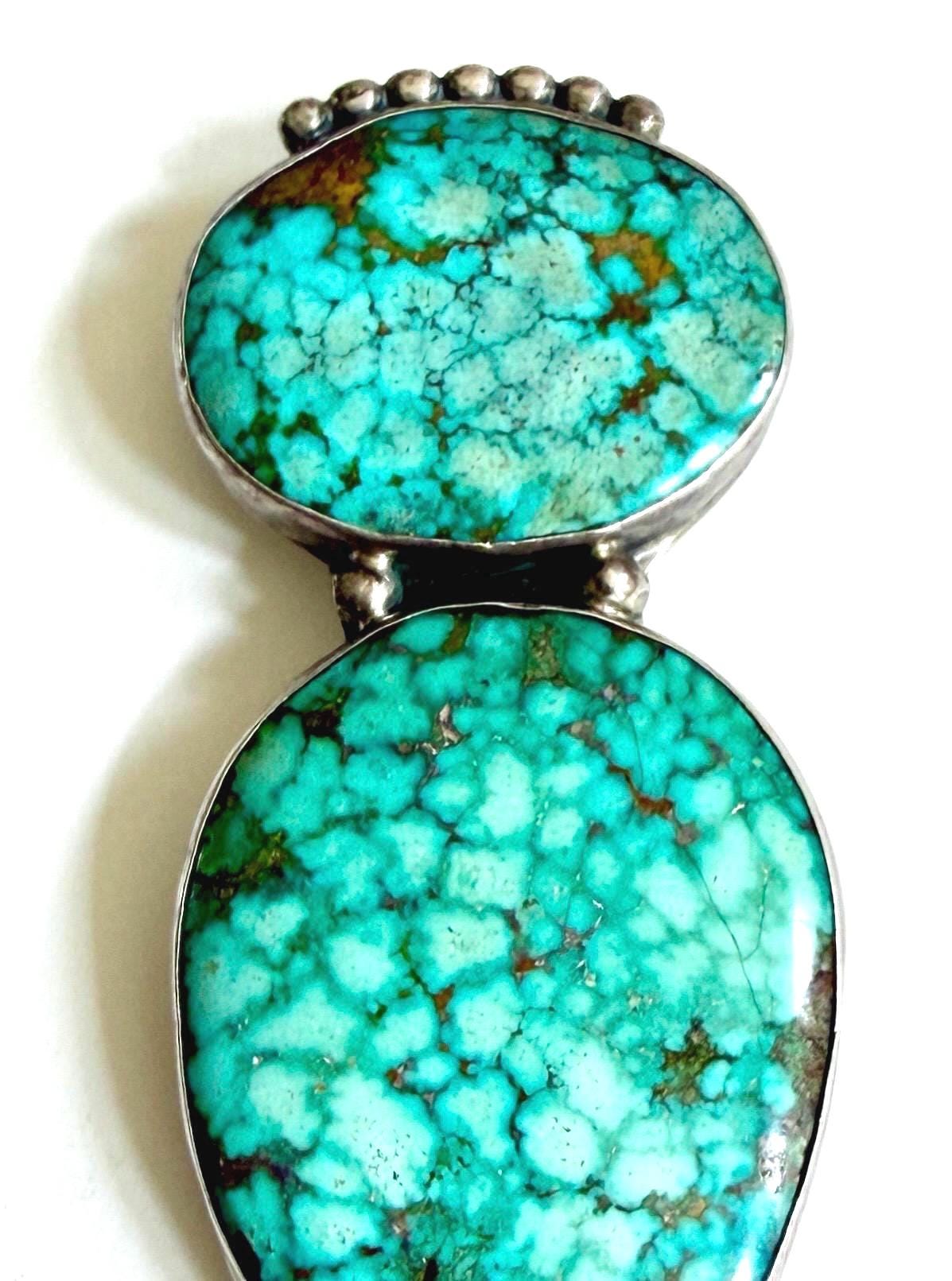 Oversized 3.25" Navajo Turquoise Pendant Vintage Native American Signed Johnson