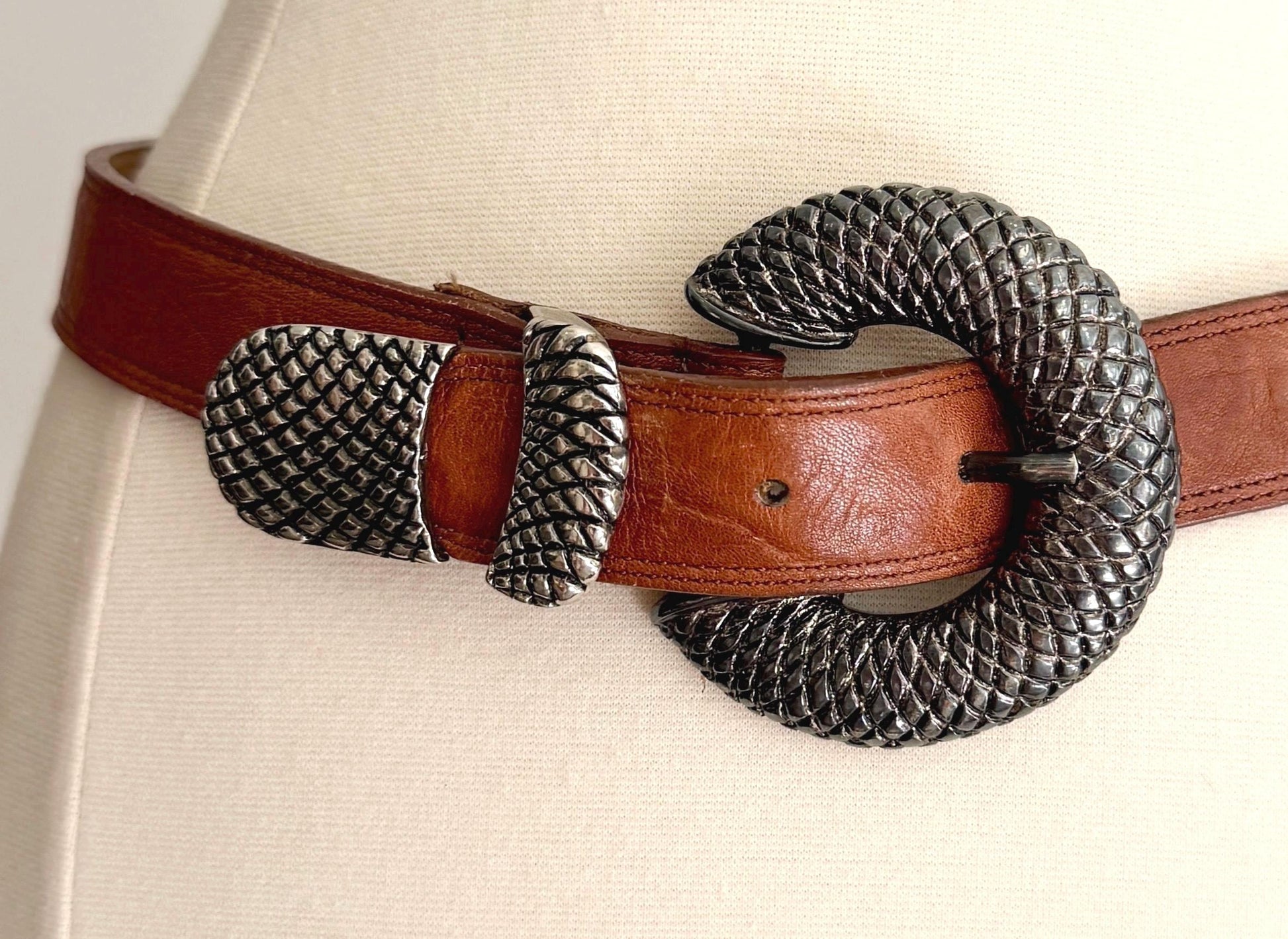 Vintage Brown Belt Silver Reptile Snake Buckle