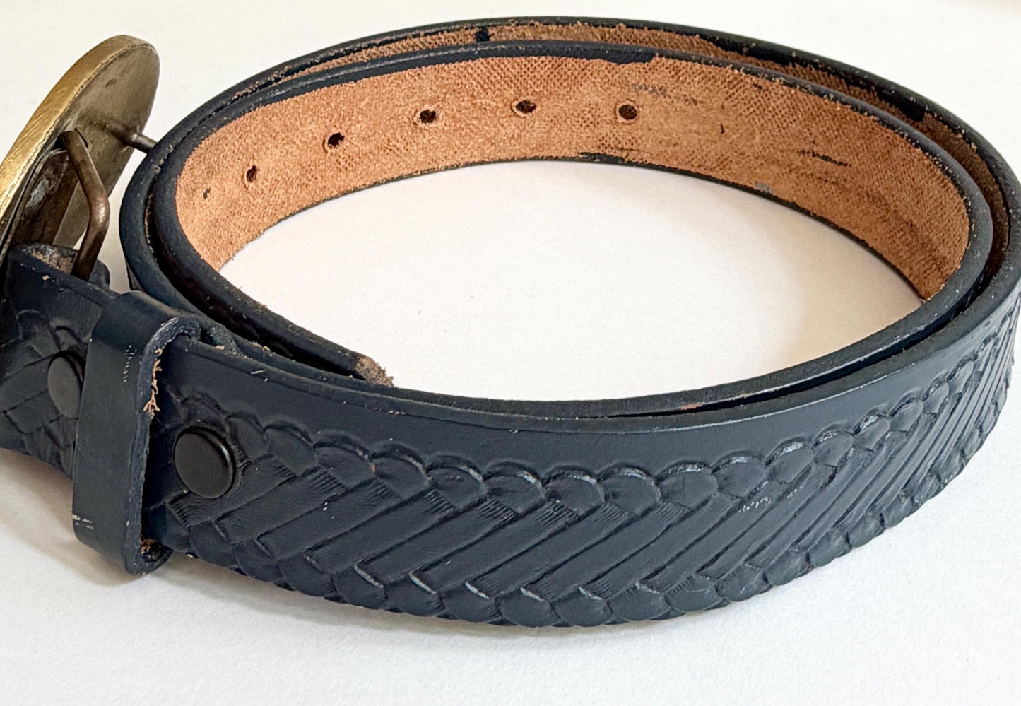 Vintage Aquarius Brass Buckle Tooled Leather Belt Strap
