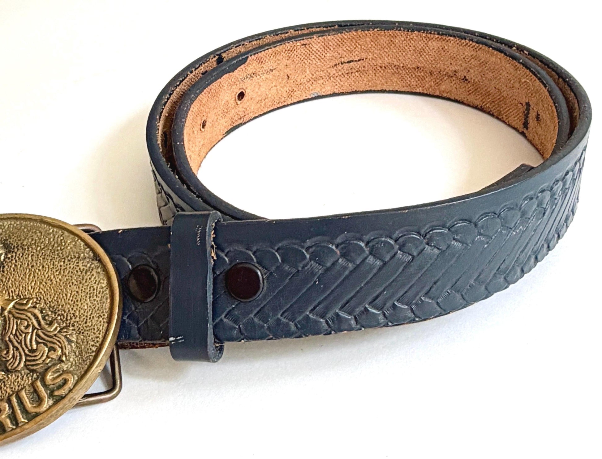 Vintage Aquarius Brass Buckle Tooled Leather Belt Strap