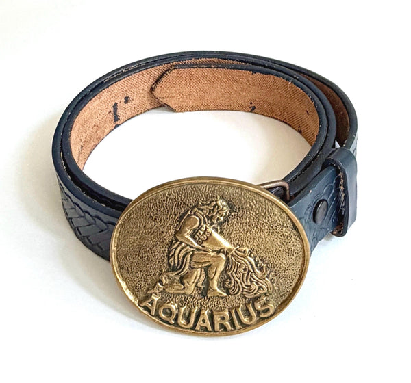 Vintage Aquarius Brass Buckle Tooled Leather Belt Strap