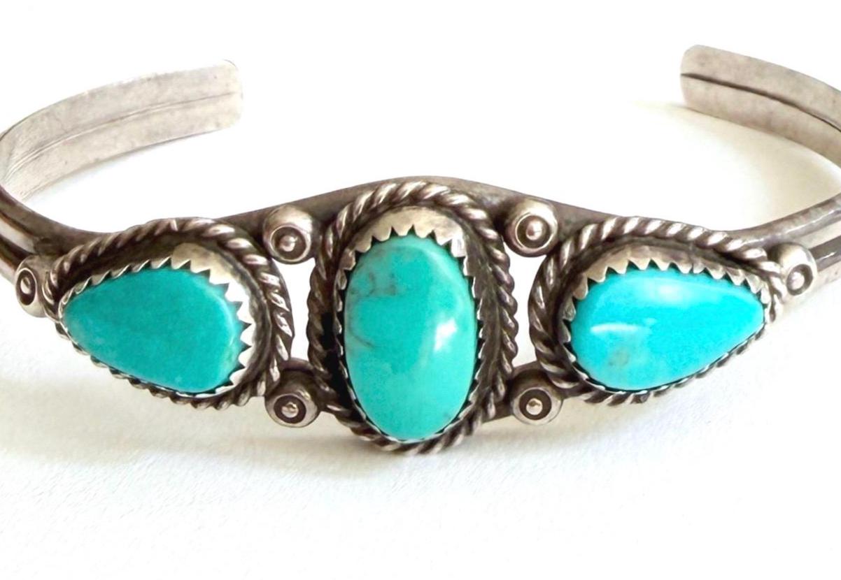Vintage Navajo Turquoise Cuff Bracelet 60s 70s Native American Handcrafted Sterling Silver