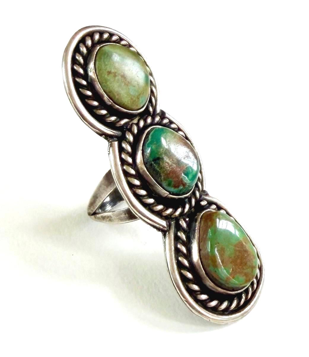 Vintage Long 2.25" Navajo Green Turquoise Ring Size 7