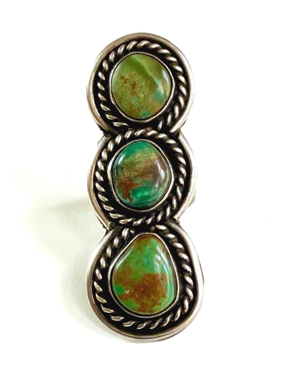 Vintage Long 2.25" Navajo Green Turquoise Ring Size 7