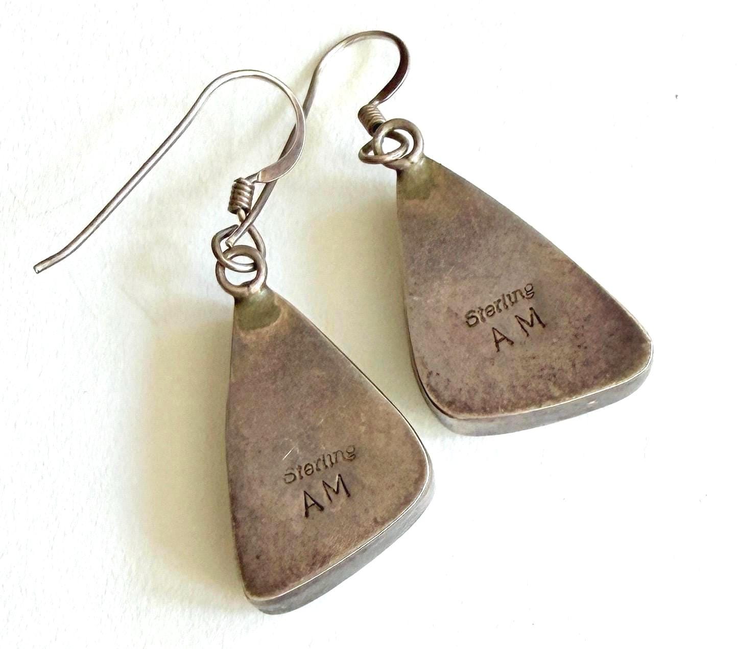 Native American Buffalo Turquoise Earrings Dangle Drop Style Signed AM